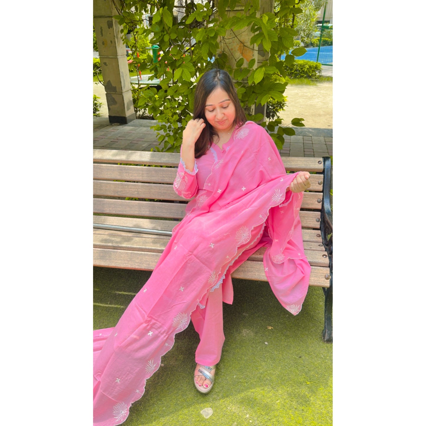 Pink kurta pant with cutwork dupatta
