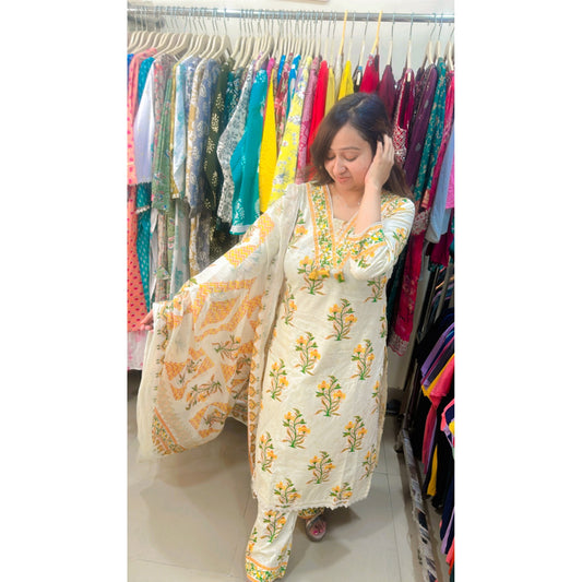Cream multicolor cotton printed kurta pant with dupatta