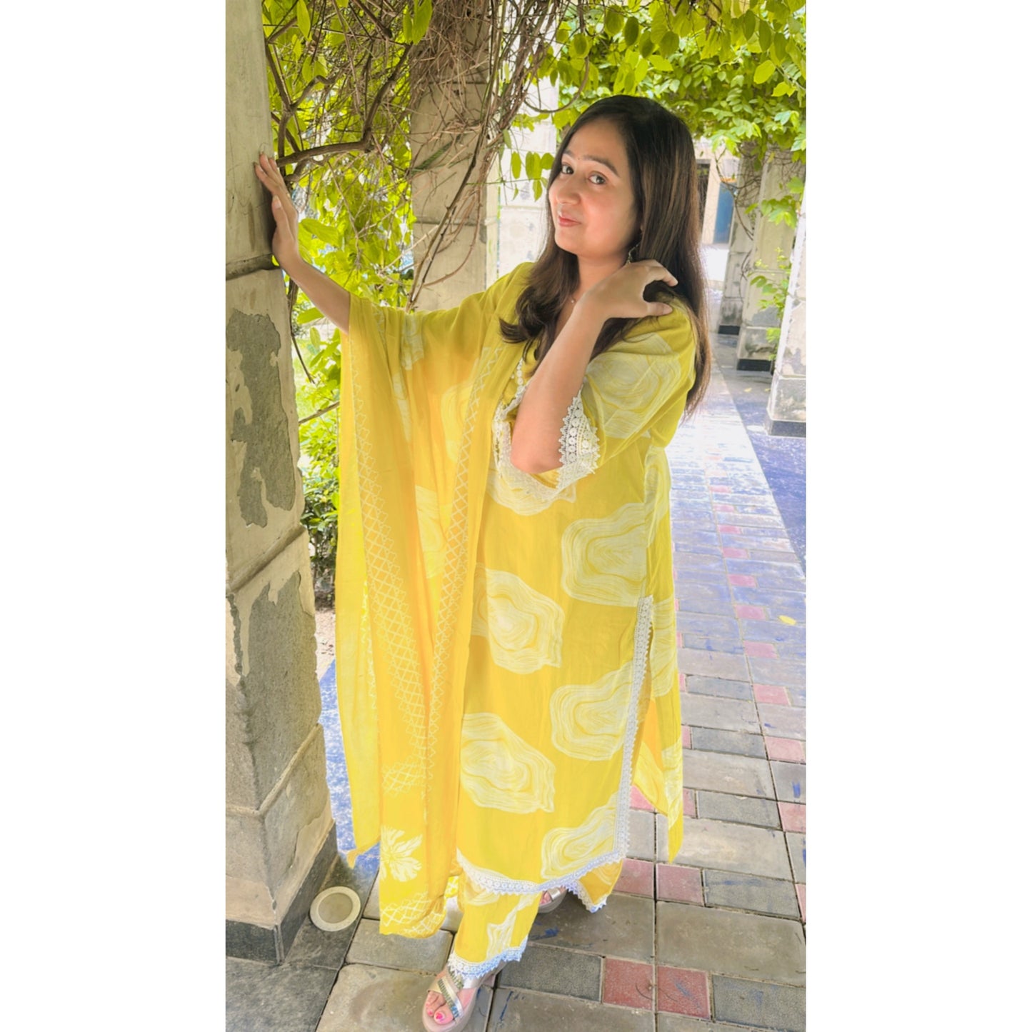 Yellow printed kurta pant with dupatta