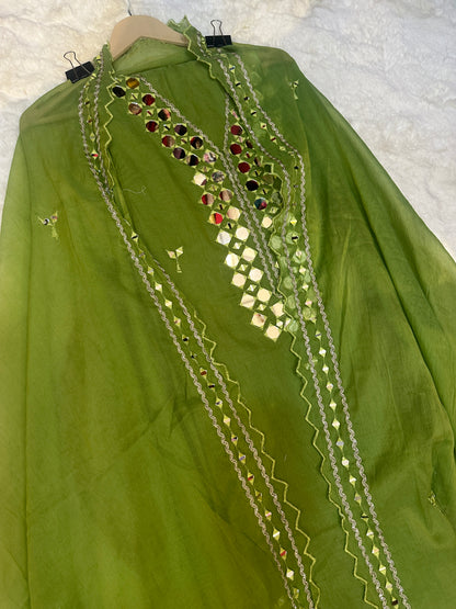Green Mul Cotton Unstitched Suit Set with Intricate Mirror Work Detailing