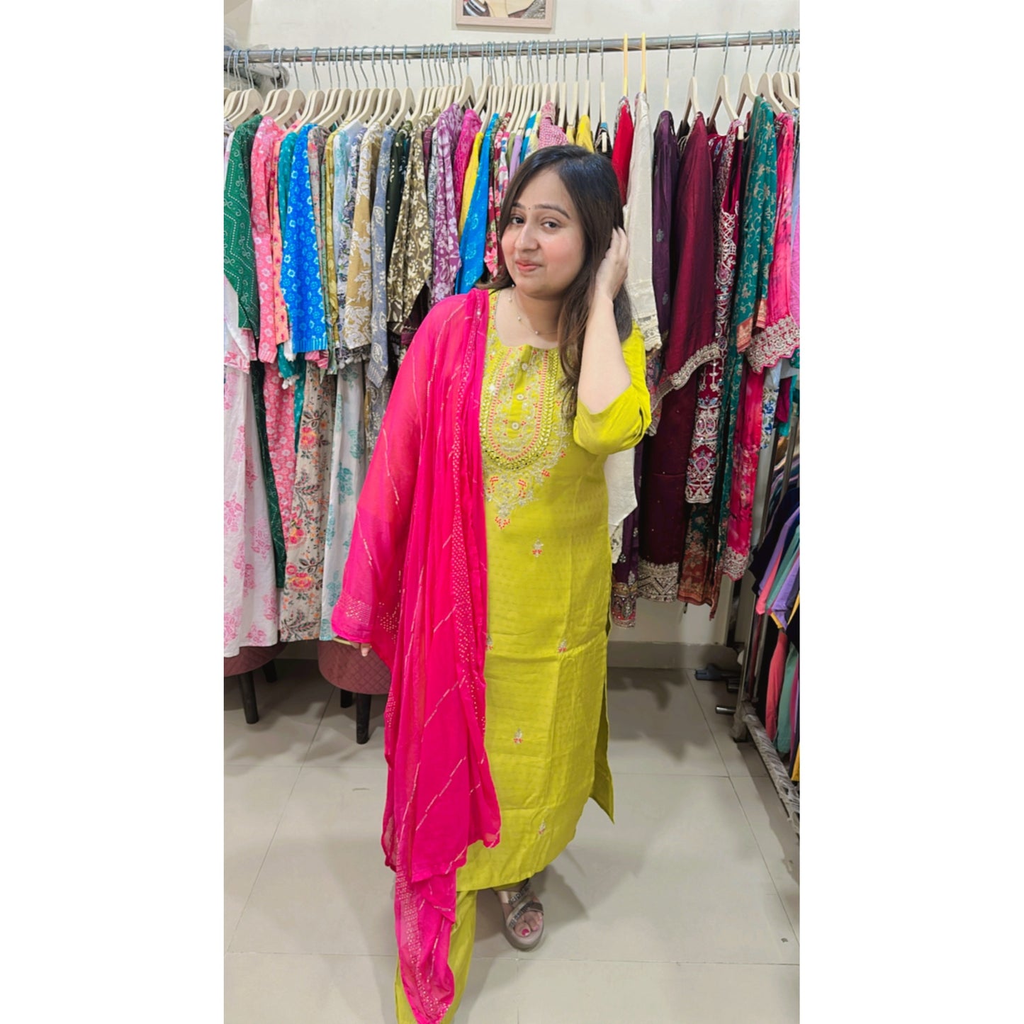 Green embroidered kurta with pink bottom and dupatta