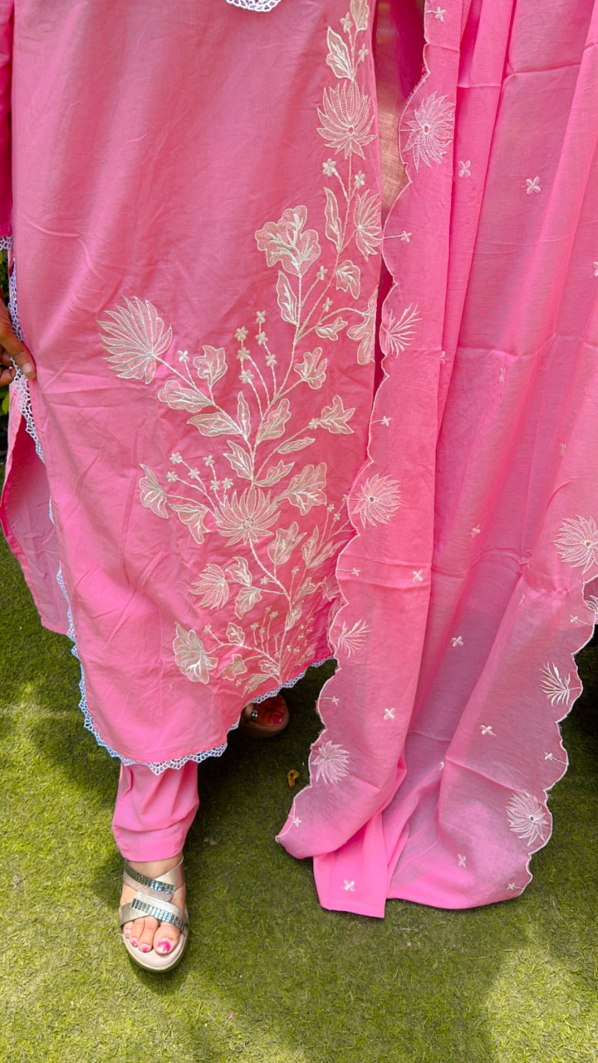 Pink kurta pant with cutwork dupatta