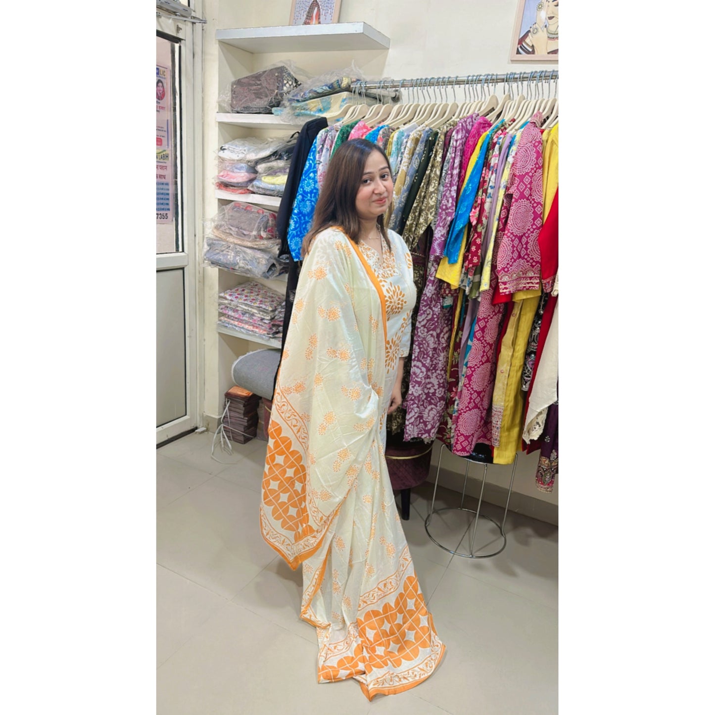 Offwhite mustard printed kurta with bottom and dupatta