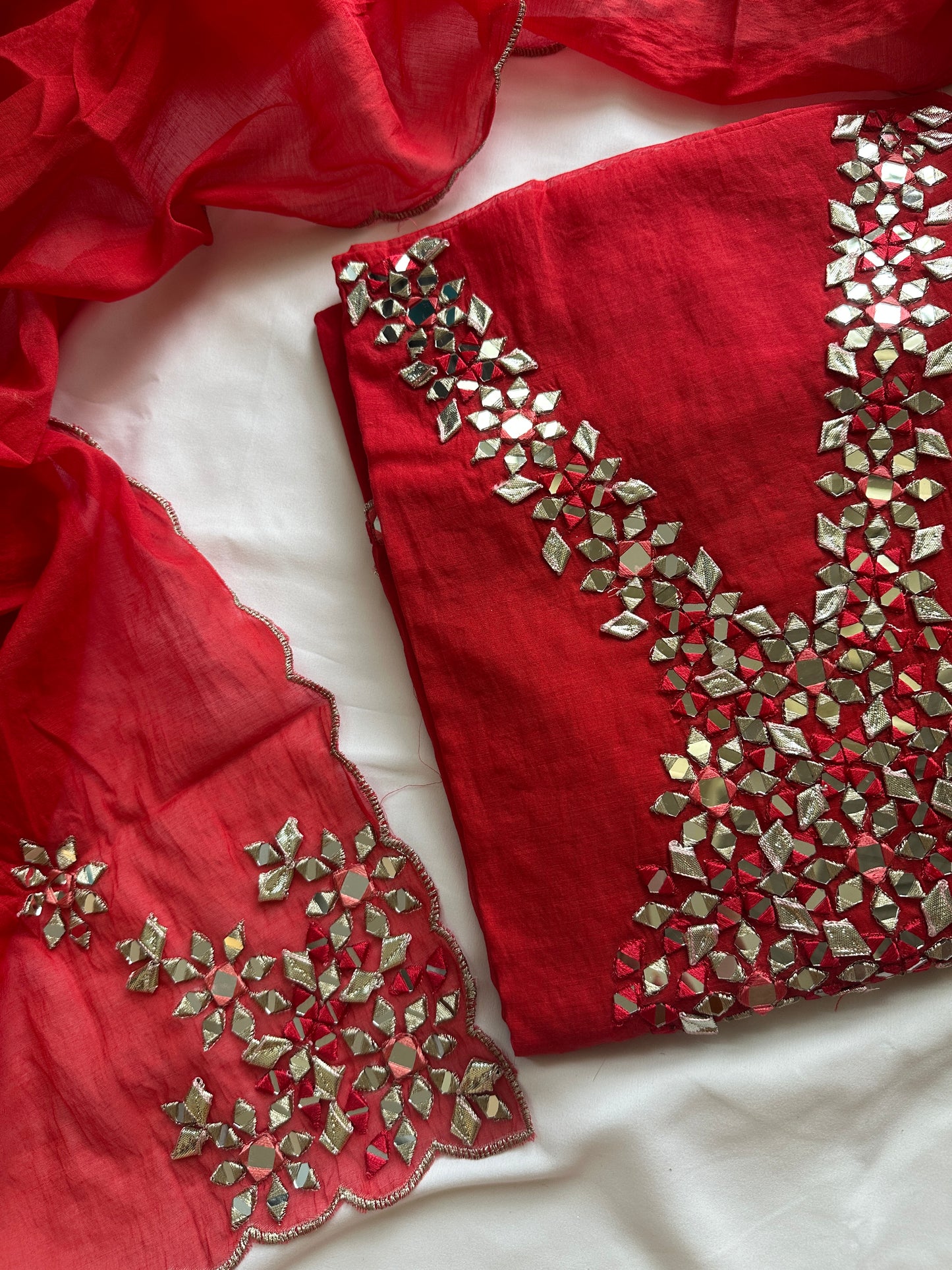 Unstitched mul cotton red heavy neck work suit set