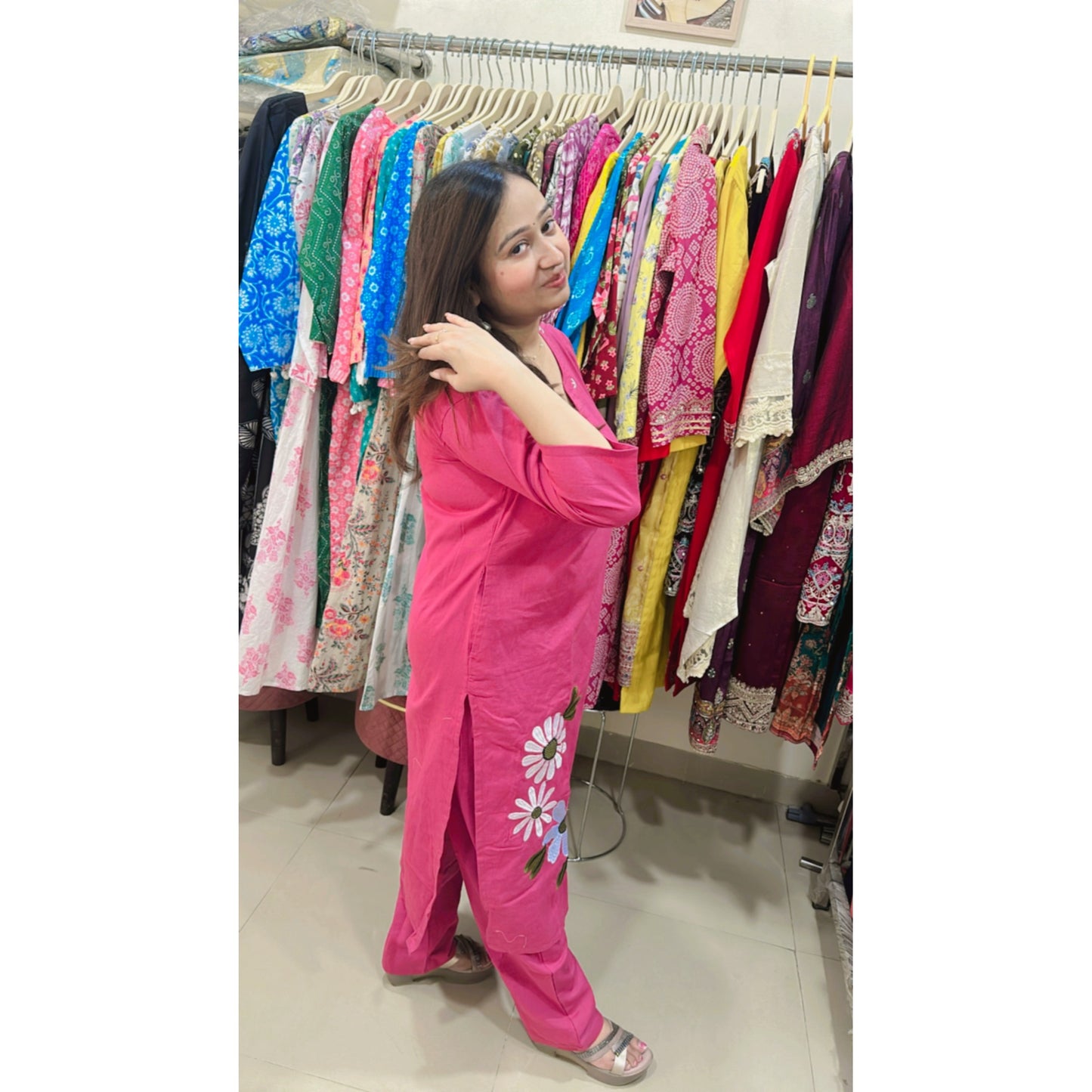 Pink V neck kurta with pant