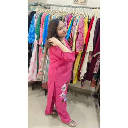 Pink V neck kurta with pant