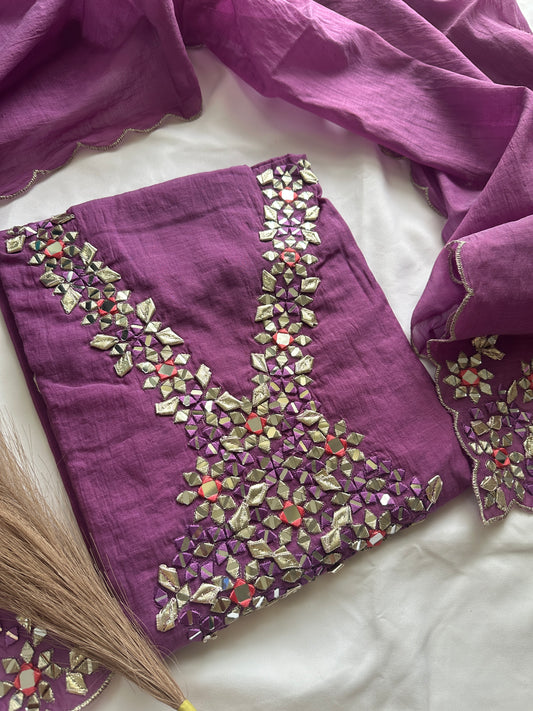 Unstitched mul cotton purple heavy neck work suit set