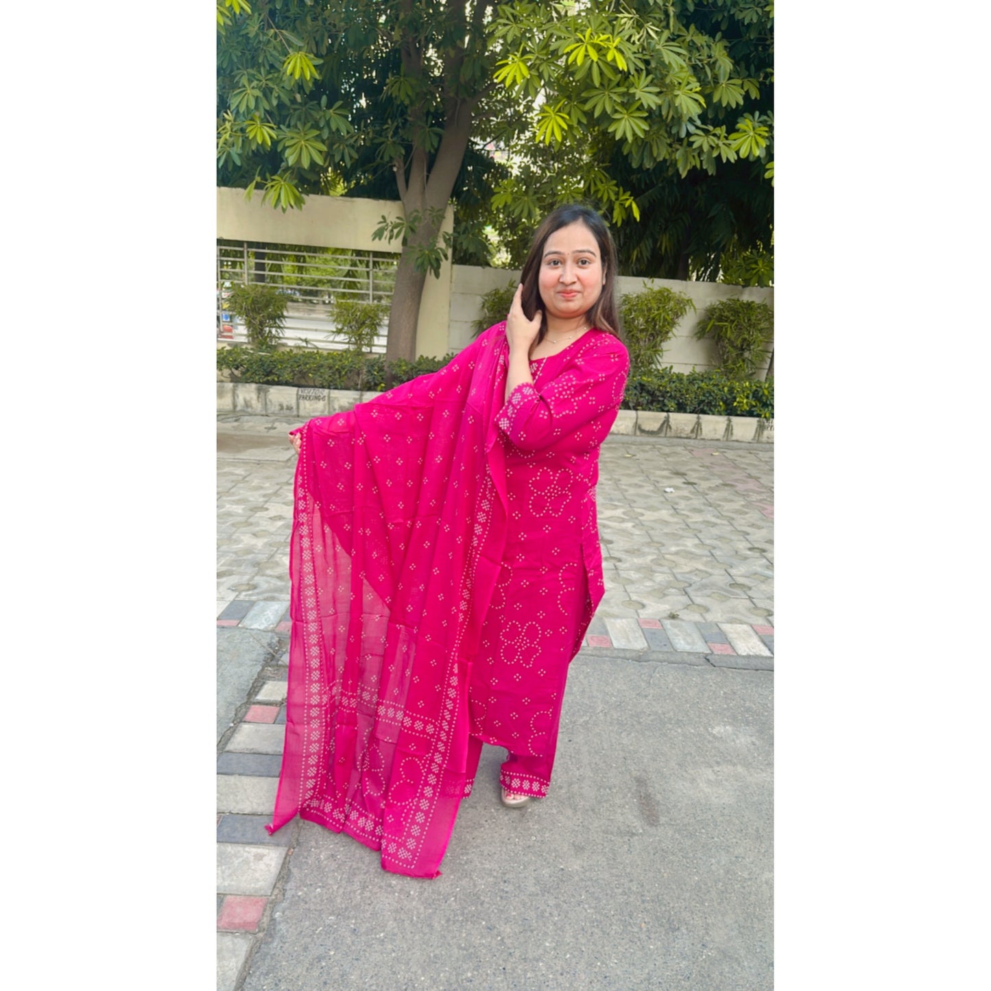 Pink bhandani kurta pant with dupatta