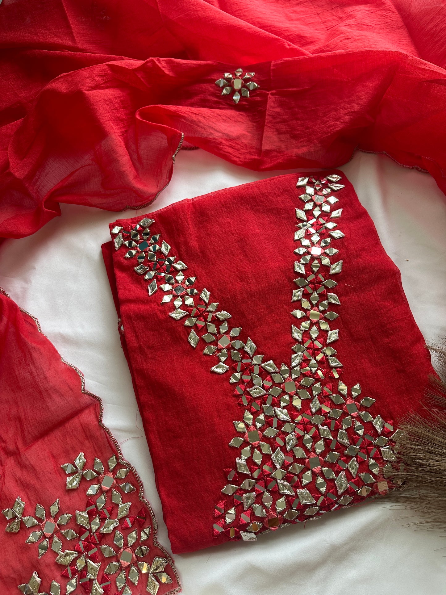 Unstitched mul cotton red heavy neck work suit set