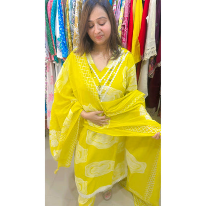 Yellow printed kurta pant with dupatta