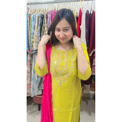 Green embroidered kurta with pink bottom and dupatta
