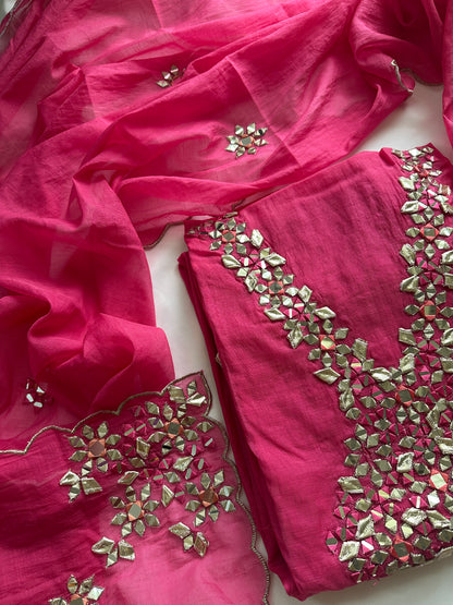 Unstitched mul cotton pink heavy neck work suit set