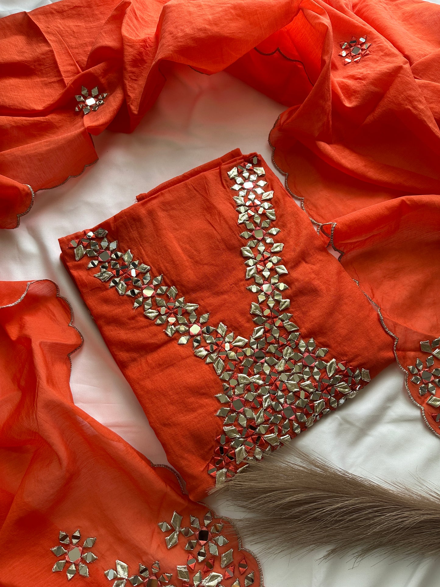 Unstitched mul cotton orange heavy neck work suit set