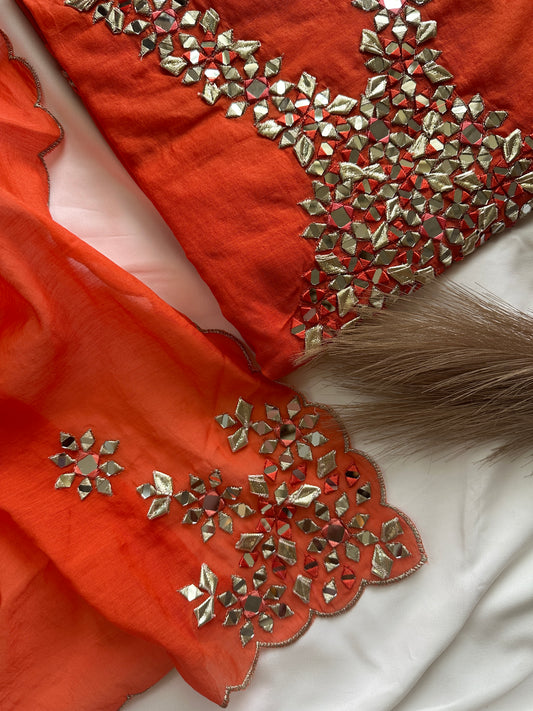 Unstitched mul cotton orange heavy neck work suit set
