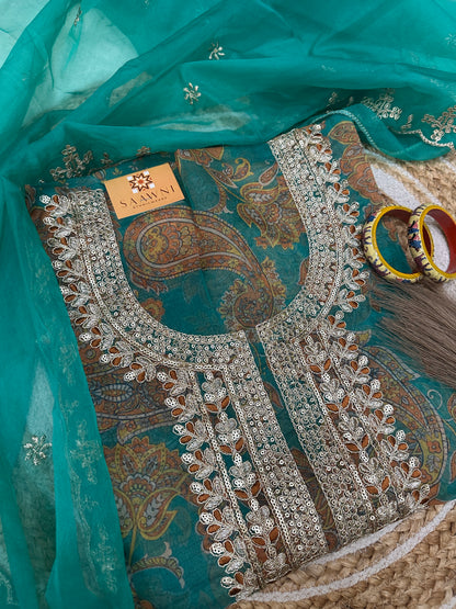 Unstitched organza printed suit set
