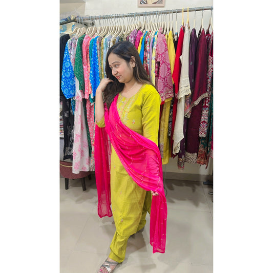 Green embroidered kurta with pink bottom and dupatta