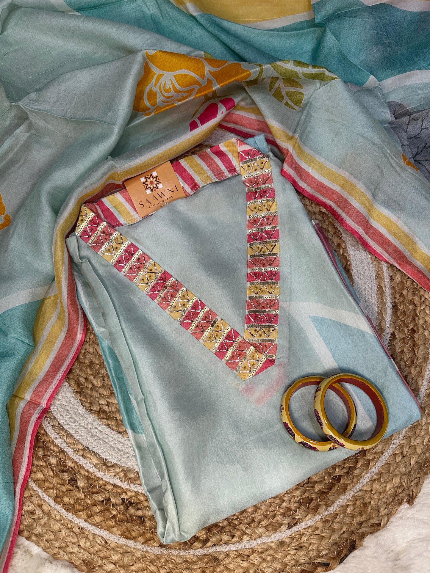 Unstitched light blue v neck printed suit set