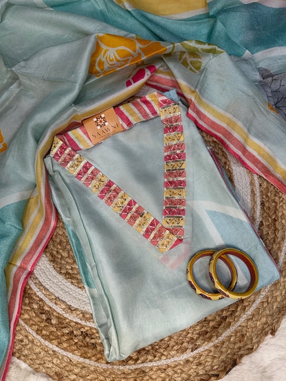 Unstitched light blue v neck printed suit set