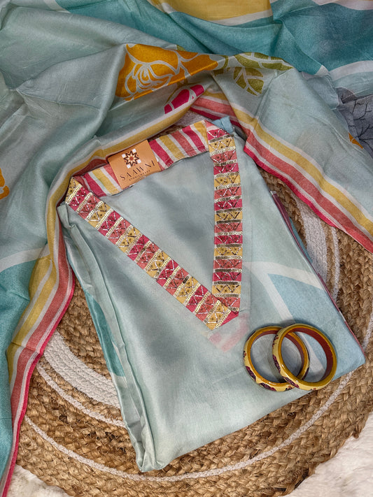 Unstitched light blue v neck printed suit set