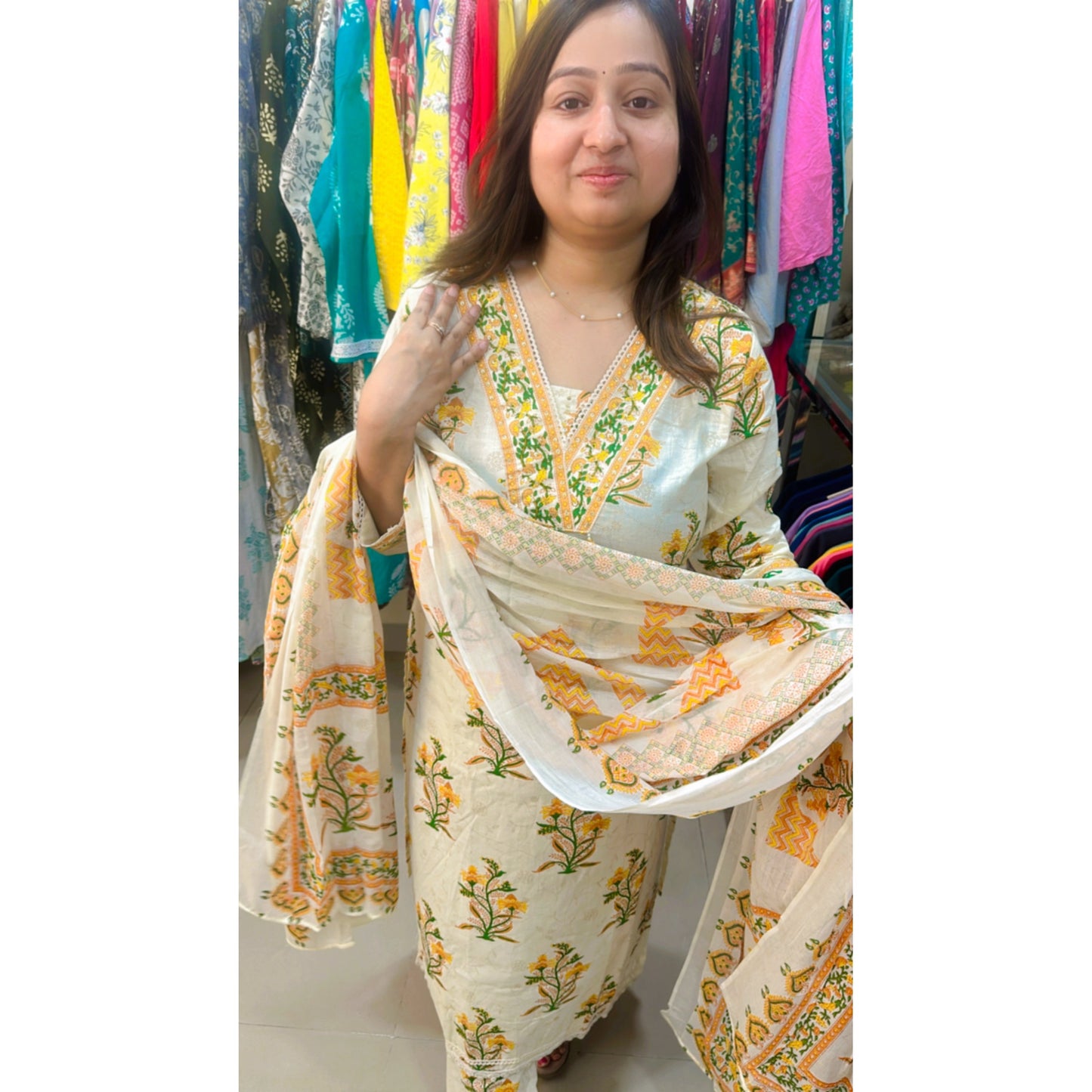 Cream multicolor cotton printed kurta pant with dupatta