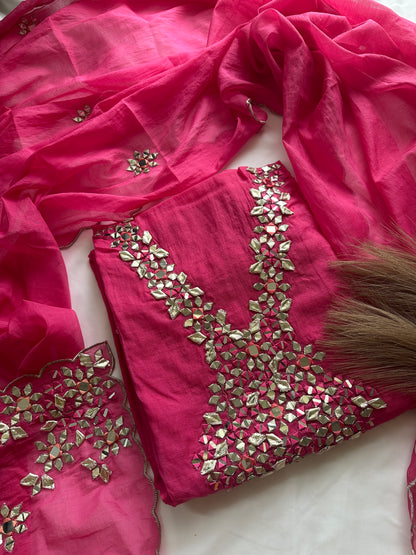 Unstitched mul cotton pink heavy neck work suit set