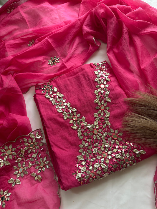 Unstitched mul cotton pink heavy neck work suit set