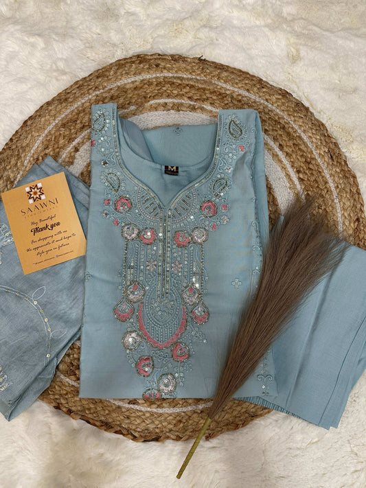 Stitched pastel blue kurta pant with dupatta