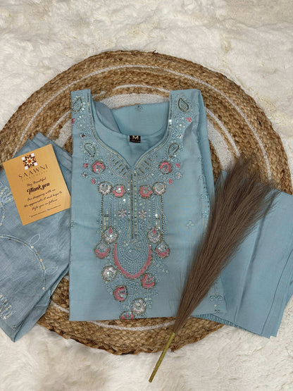 Stitched pastel blue kurta pant with dupatta