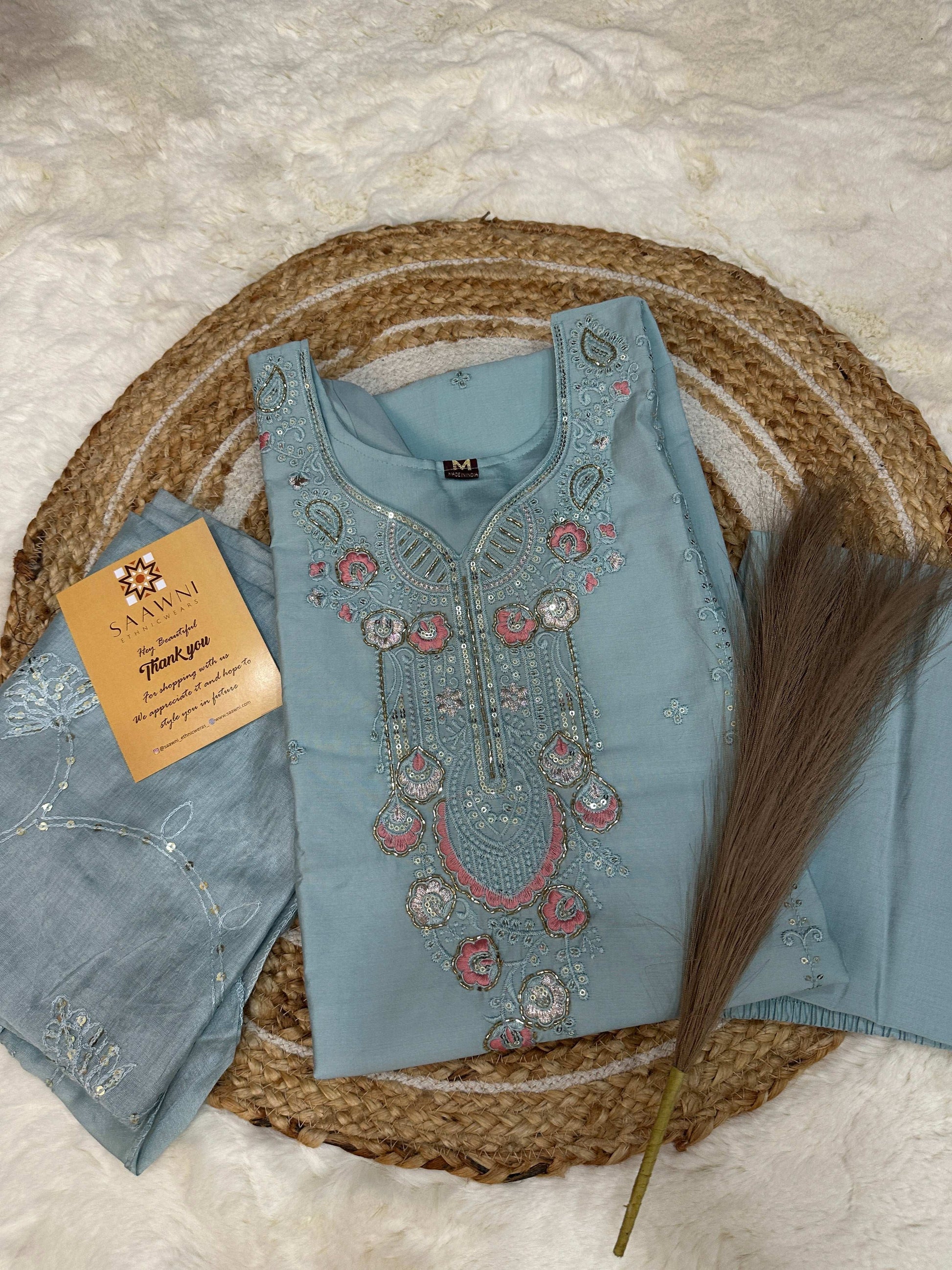 Stitched pastel blue kurta pant with dupatta