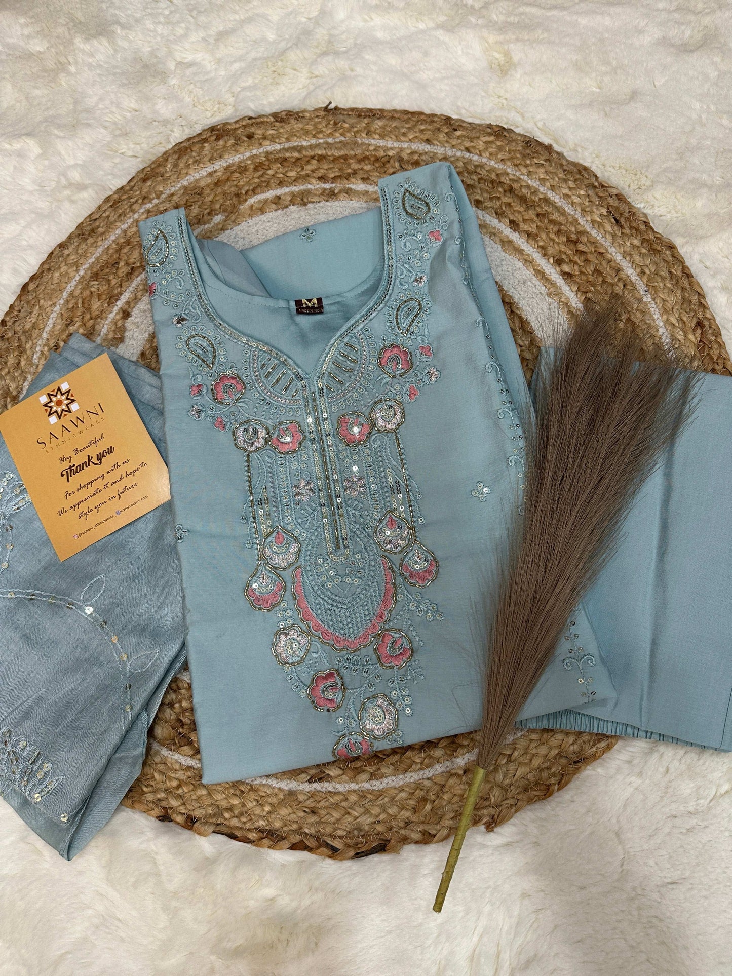 Stitched pastel blue kurta pant with dupatta