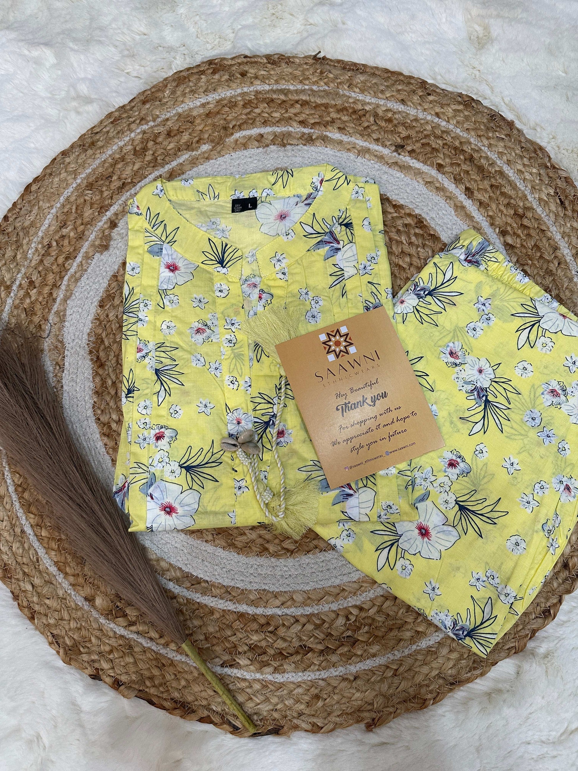 Yellow floral kurta pant set