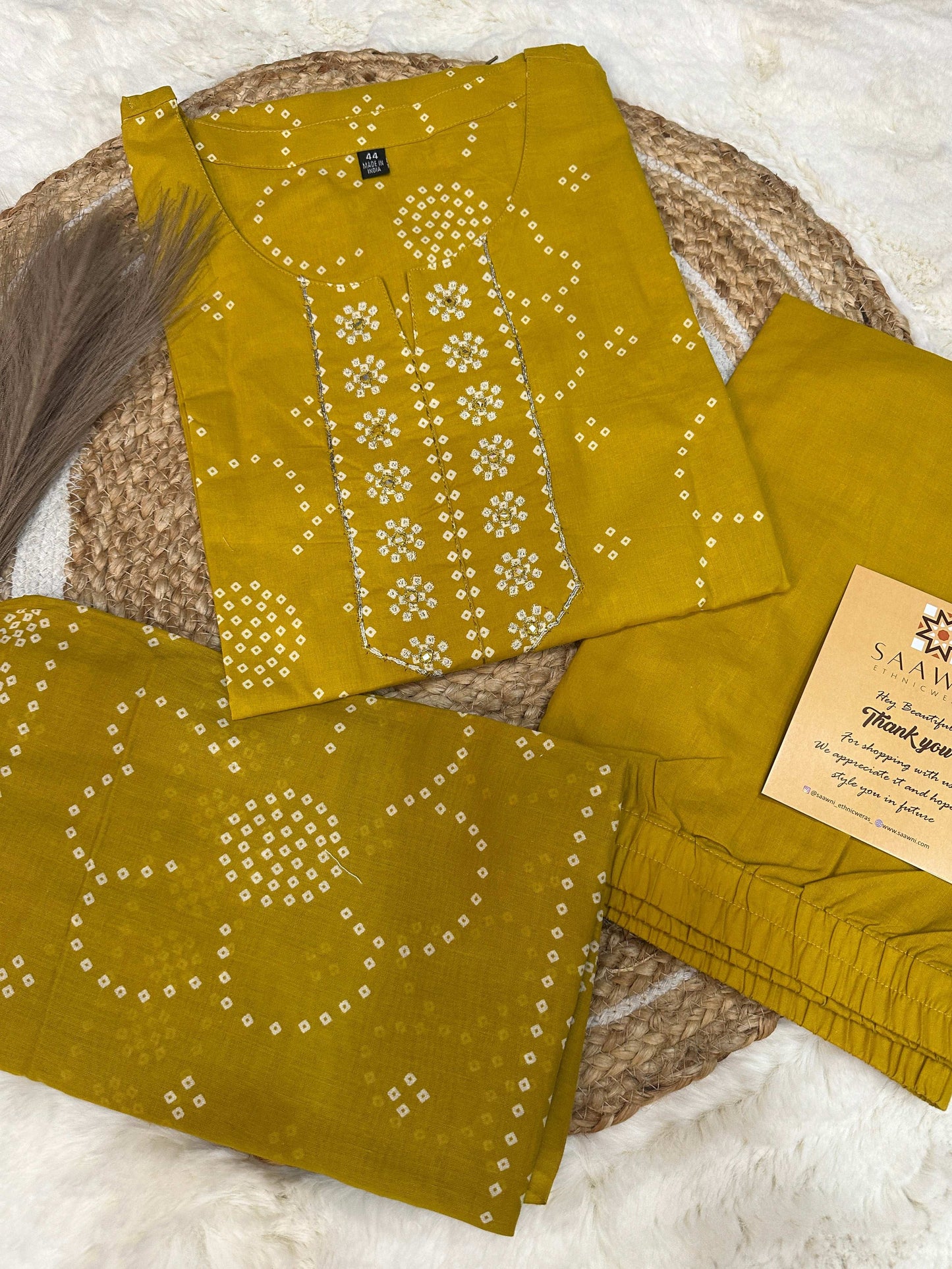 Yellow bhandani kurta pant with dupatta