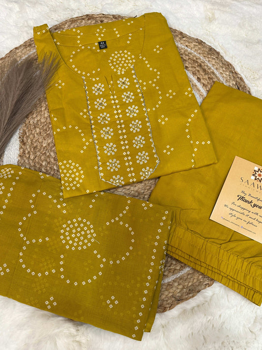 Yellow bhandani kurta pant with dupatta