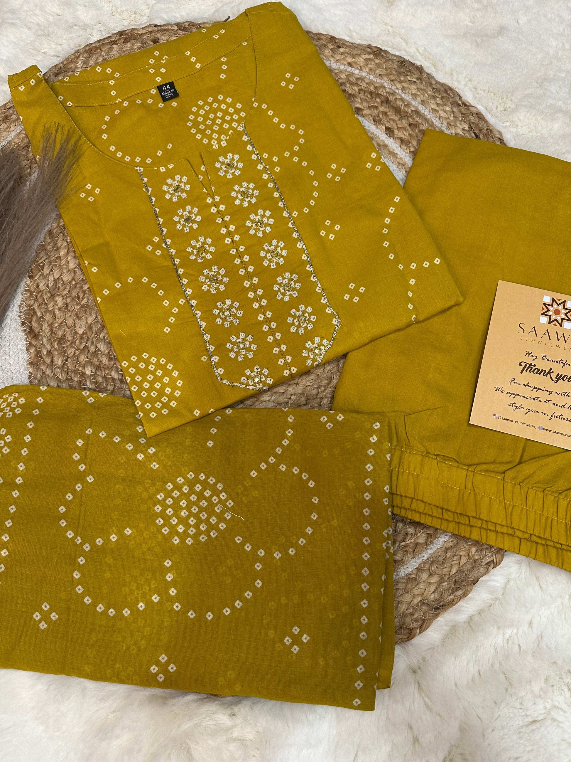 Yellow bhandani kurta pant with dupatta
