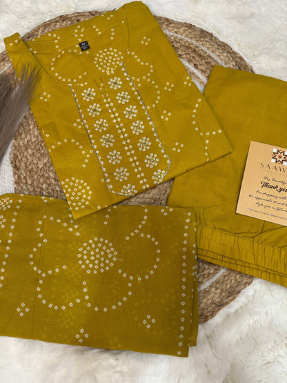 Yellow bhandani kurta pant with dupatta