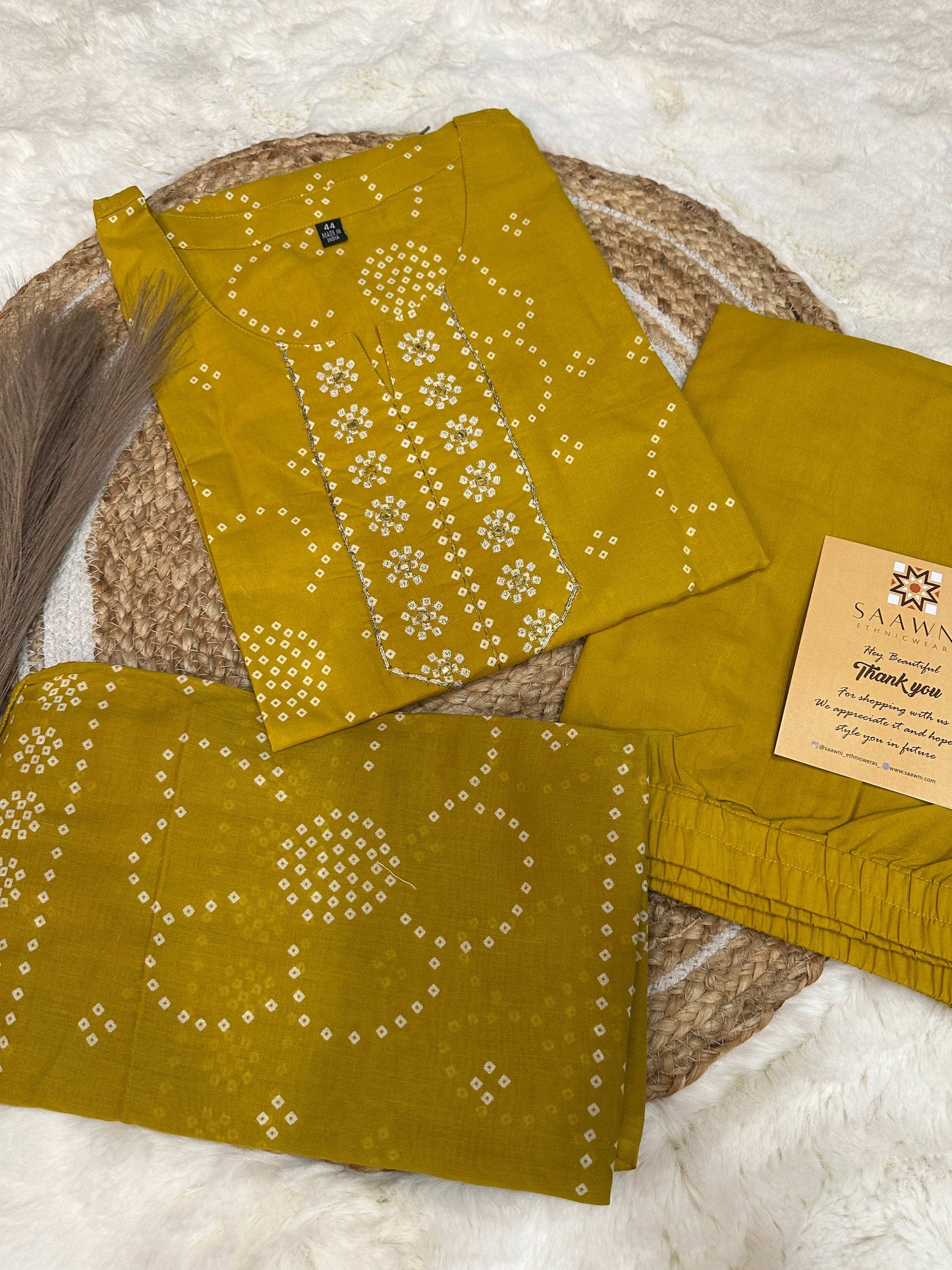 Yellow bhandani kurta pant with dupatta