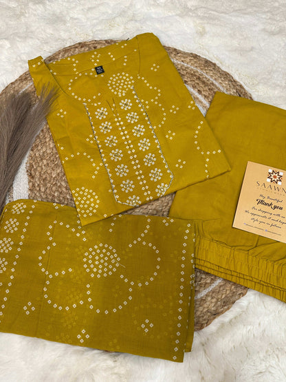 Yellow bhandani kurta pant with dupatta