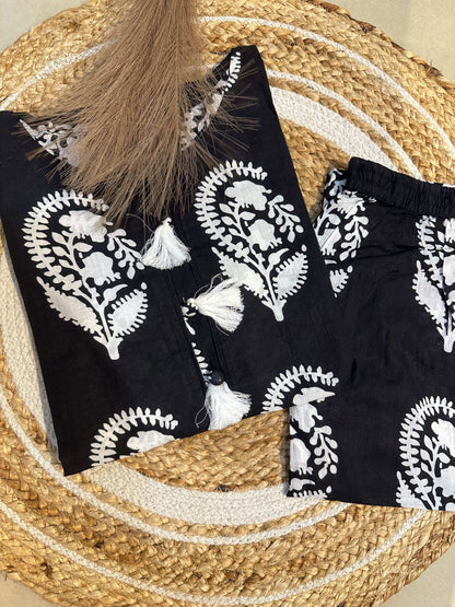 Stitched Floral Printed Black Cotton Kurta Pant set