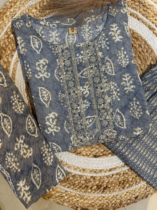 Stitched Gray Kurta pant set with dupatta