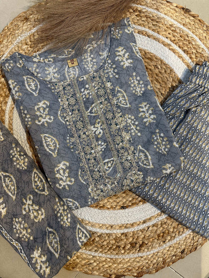 Stitched Gray Kurta pant set with dupatta