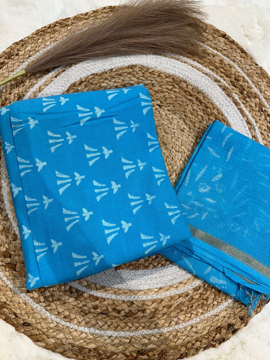 Sky blue handblock printed cotton unstitched suit set with cotton dupatta