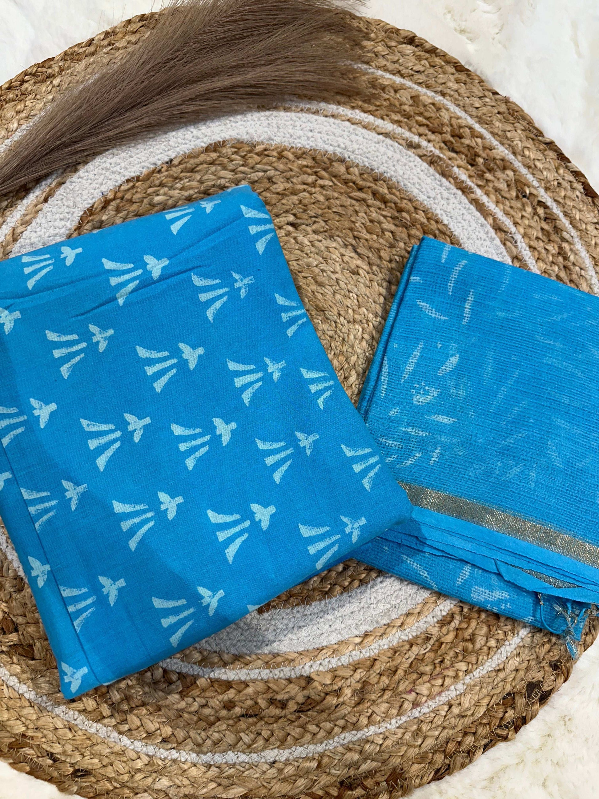 Sky blue handblock printed cotton unstitched suit set with cotton dupatta