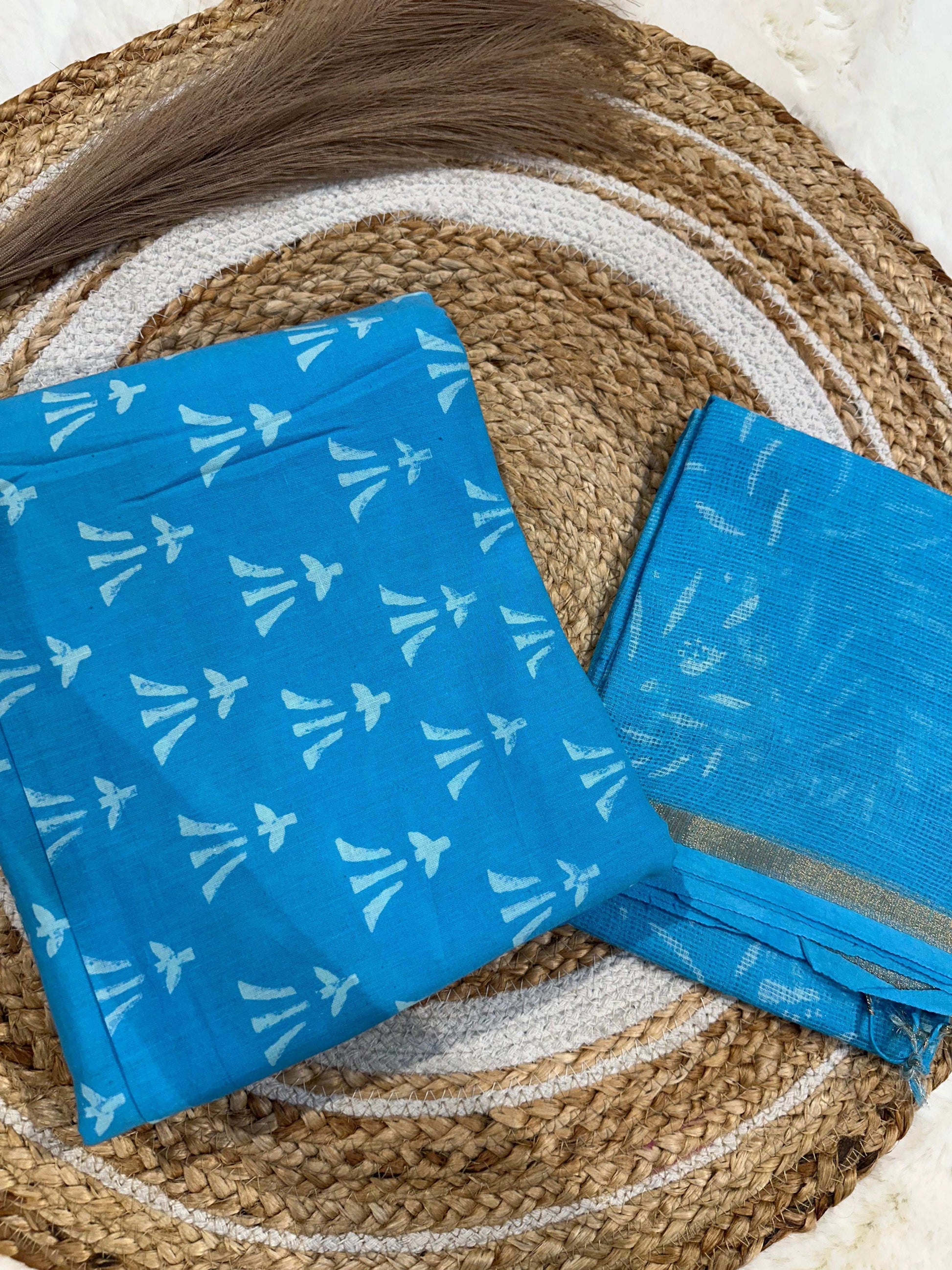 Sky blue handblock printed cotton unstitched suit set with cotton dupatta