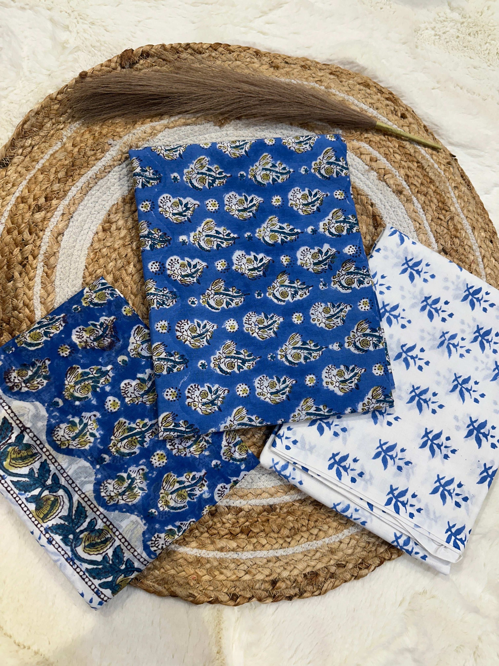 Blue handblock printed cotton unstitched suit set with cotton dupatta