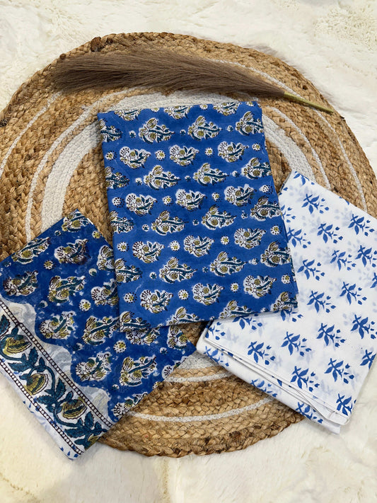 Blue handblock printed cotton unstitched suit set with cotton dupatta