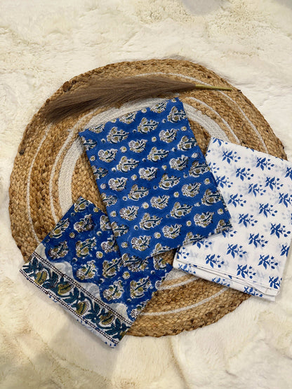 Blue handblock printed cotton unstitched suit set with cotton dupatta