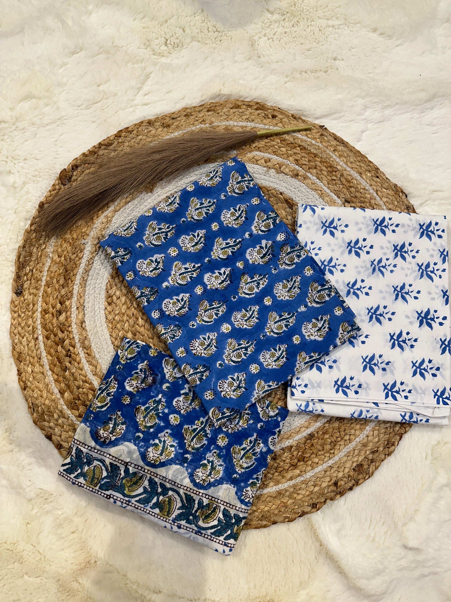 Blue handblock printed cotton unstitched suit set with cotton dupatta