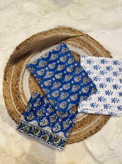 Blue handblock printed cotton unstitched suit set with cotton dupatta