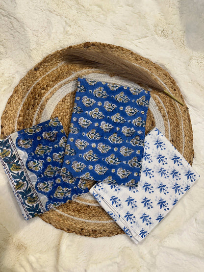 Blue handblock printed cotton unstitched suit set with cotton dupatta