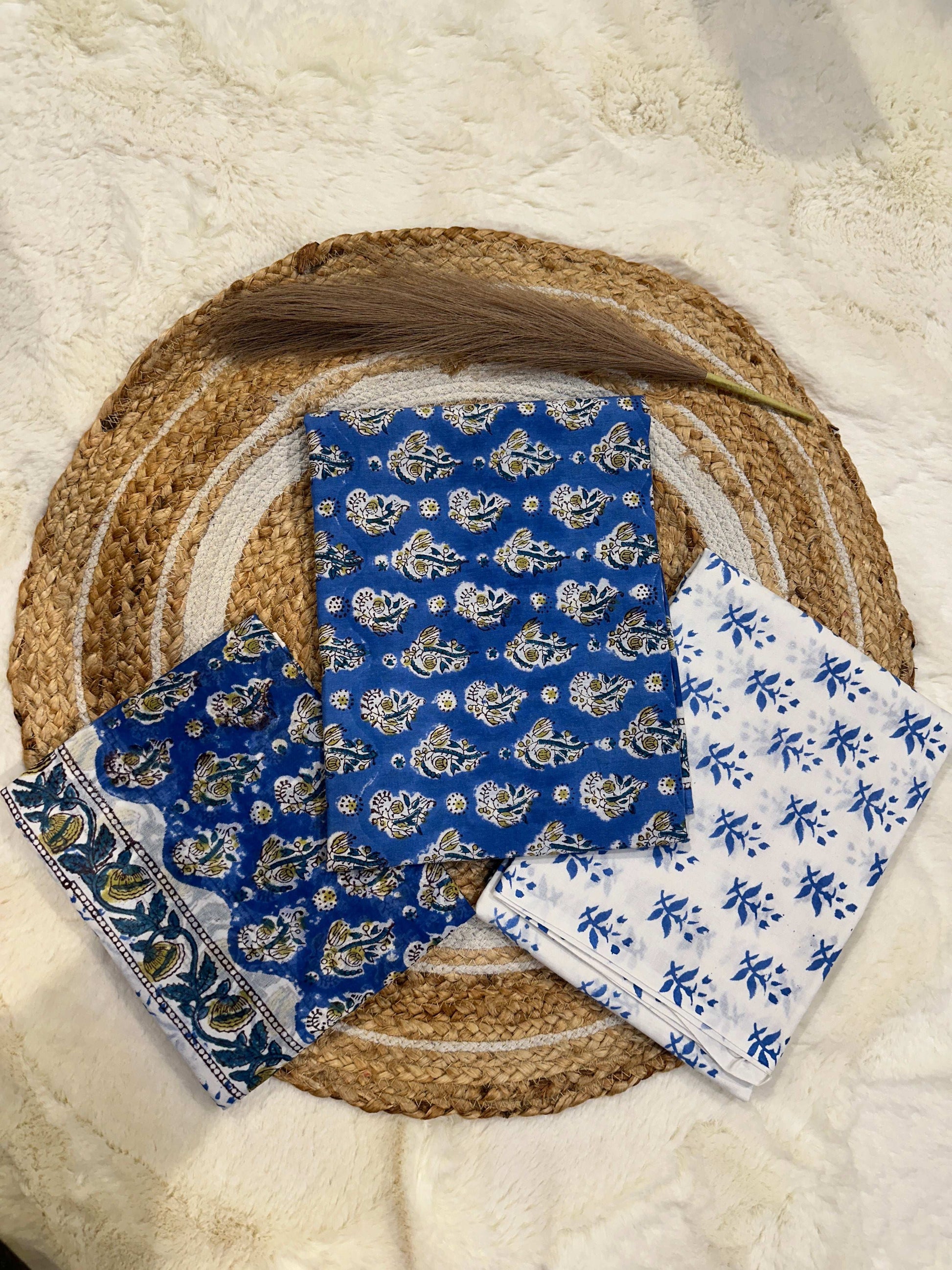 Blue handblock printed cotton unstitched suit set with cotton dupatta